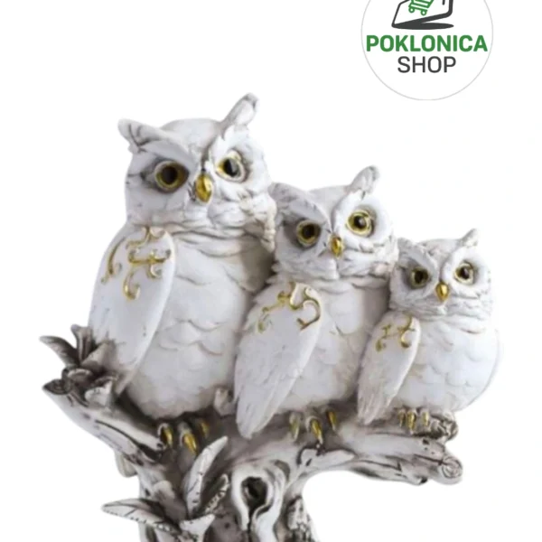 Dekorativna figura tri sove na grani – polirezin skulptura